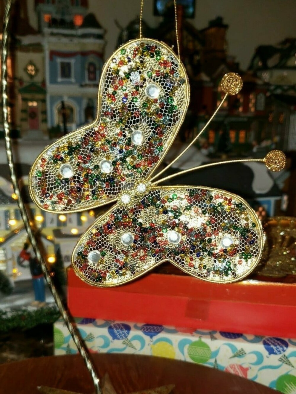(3) Vintage Gold Beaded Butterfly OrnamentsWire, Mesh, Beads